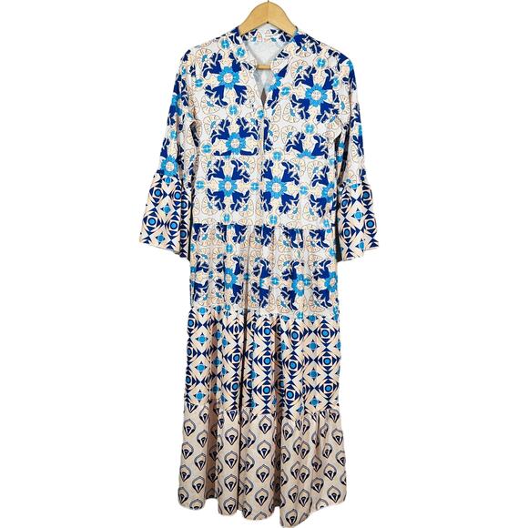 Sundays Floral Jacquard Mixed Print Maxi Dress 3/4 Sleeve V Neck Peach Blue - S - Picture 1 of 6